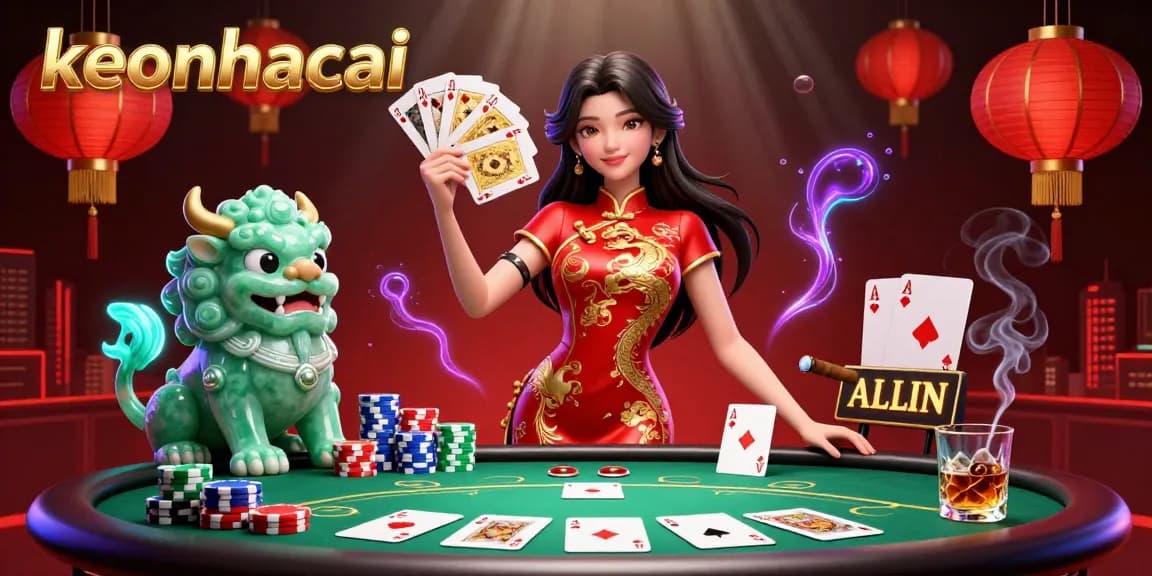 Bet on keonhacai with golden cards and a guardian lion in a vibrant poker scene.