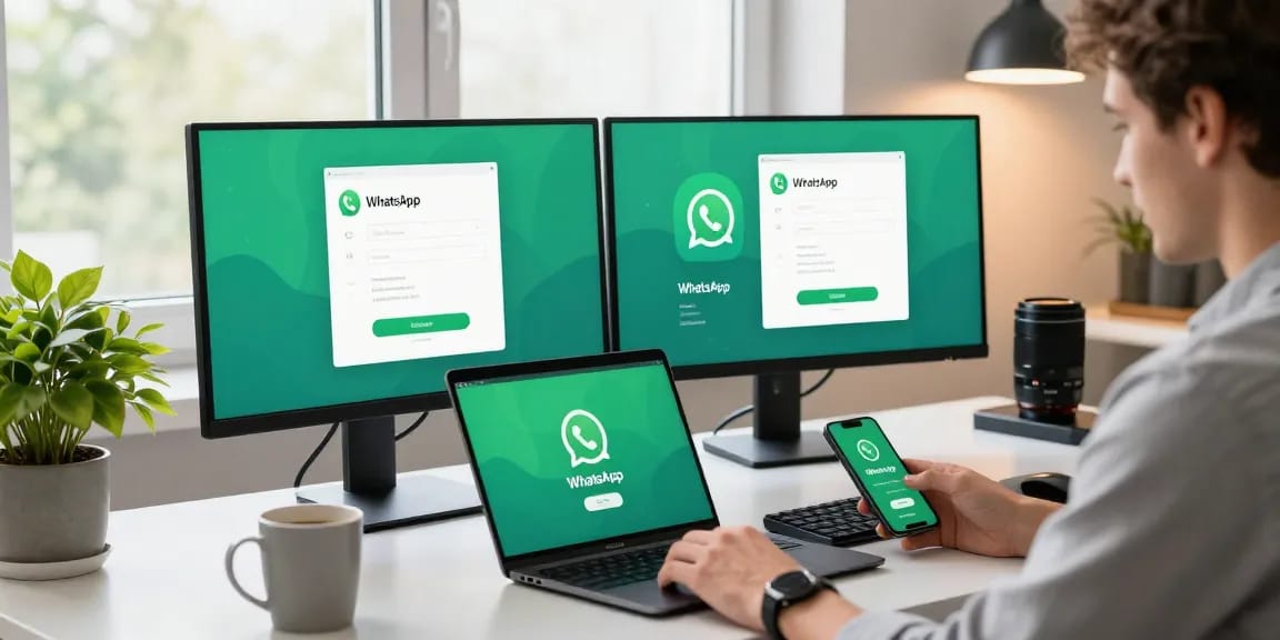 Person downloading WhatsApp下載 on a laptop in a modern workspace.