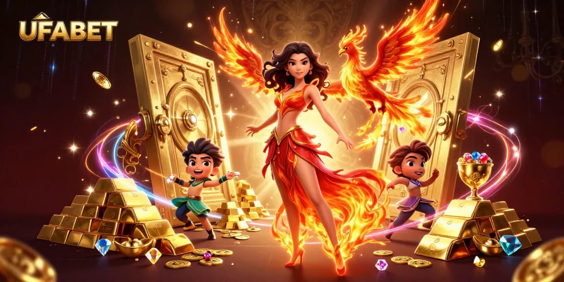 Bet on UFABET with vibrant casino illustrations showcasing a stunning Asian woman and treasure elements.