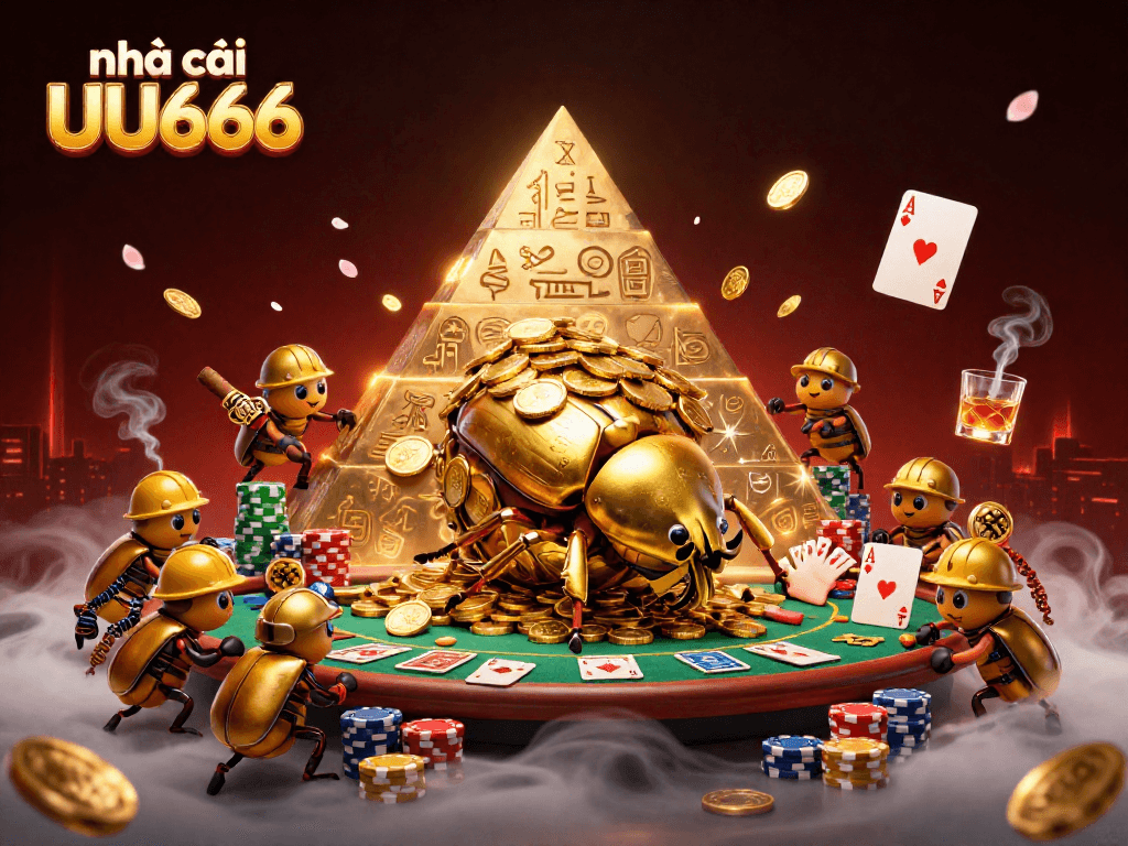 Experience the thrill at nhà cái UU666 featuring a golden dung beetle rolling coins and a vibrant poker scene.