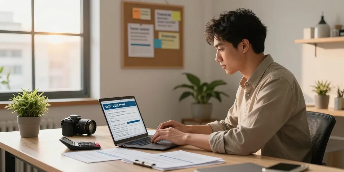 Apply for an easy 1500 loan in a cozy home office setting with financial documents.