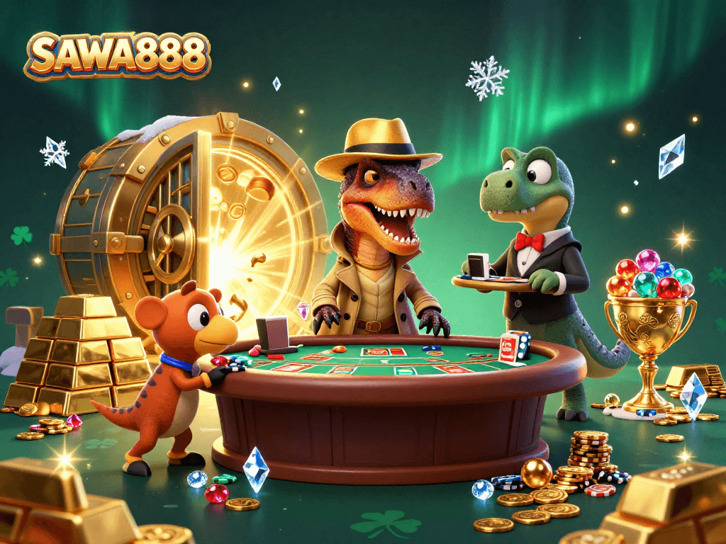 Experience dynamic gambling adventures at SAWA888 with a velociraptor card counter, rich treasures, and exciting casino elements.