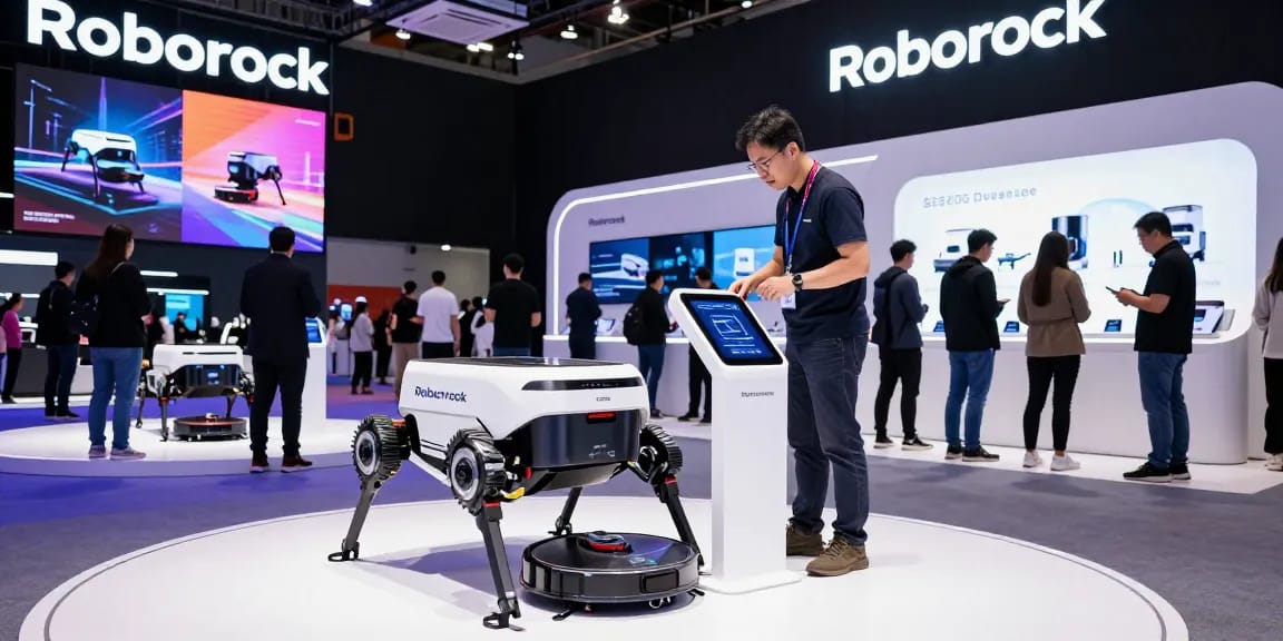 Roborock 2026 showcase at CES 2026 with Saros Rover robotic vacuum and tech enthusiasts exploring cutting-edge cleaning innovations.