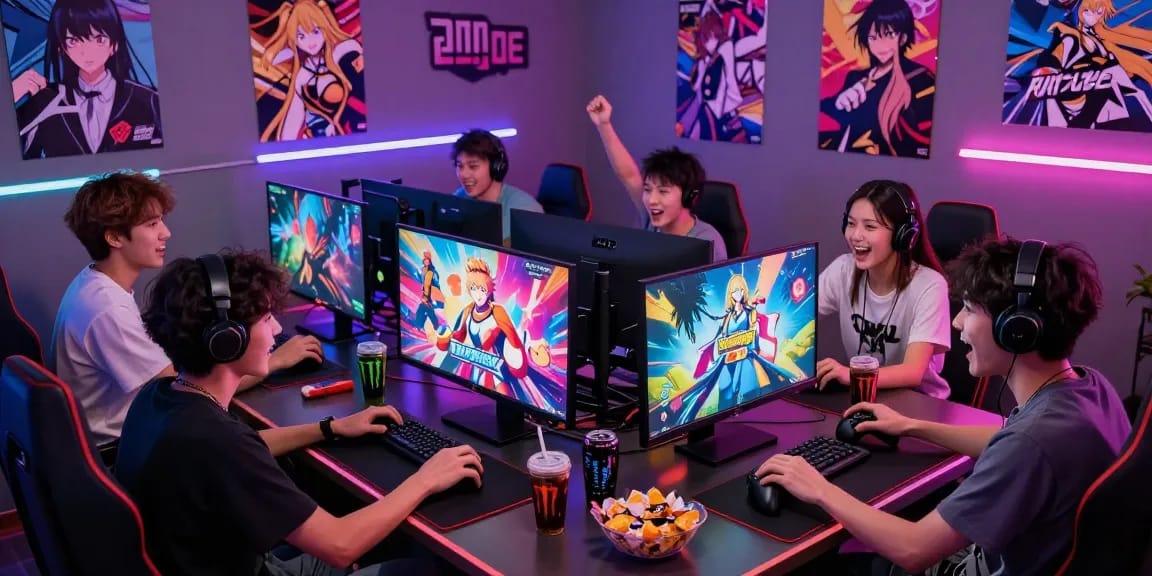Exciting gaming scene of friends playing hentai game, vibrant atmosphere with controllers and snacks.