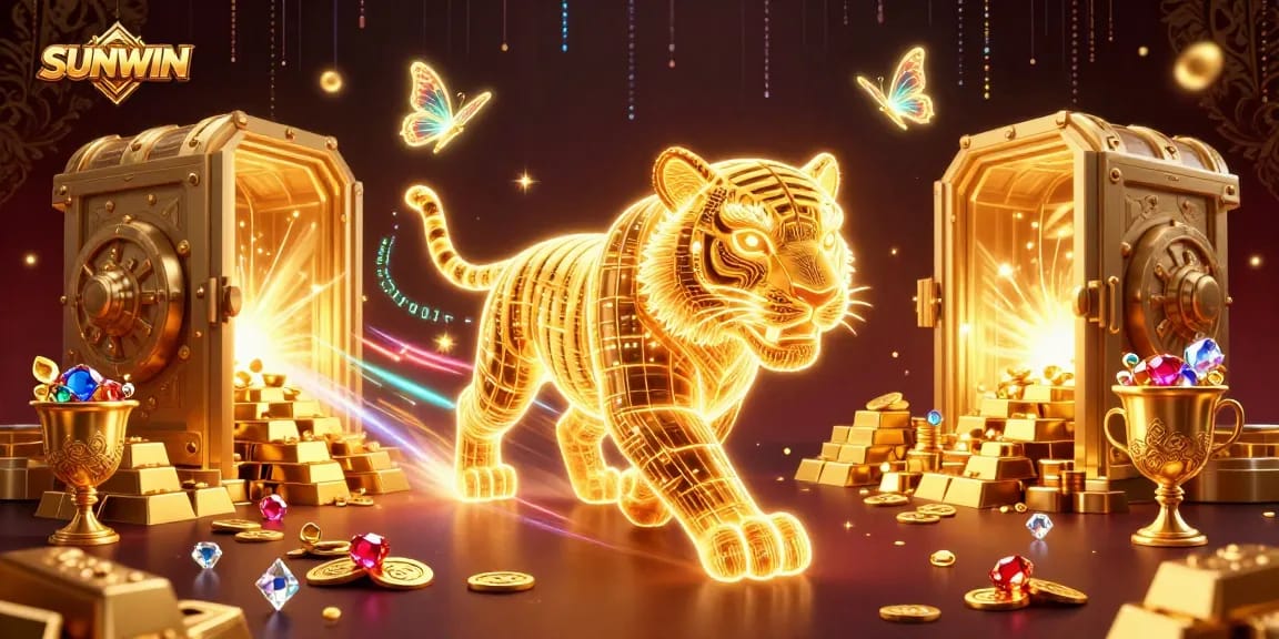 SUNWIN ignites excitement in a vibrant casino landscape with golden treasures and dynamic characters.