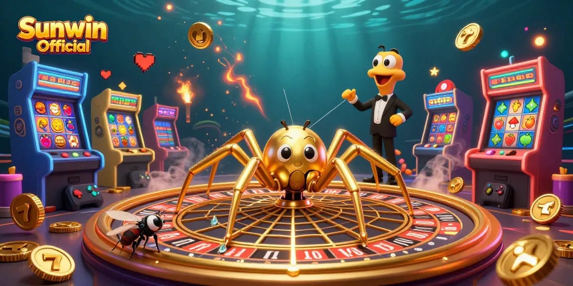 Engage with the Sunwin Official casino experience, featuring a dynamic slots scene with lively characters and vibrant game elements.