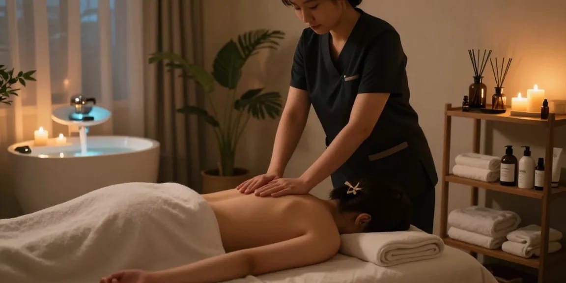Relaxing 안양출장마사지 session in a serene home environment with professional therapist, soft lighting, and calming elements.