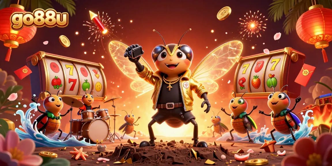 Experience excitement with go88u's 3D casino world featuring a rock star and vibrant game elements.