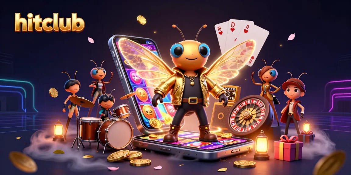 A vibrant hitclub illustration showcasing a rock star cicada with a colorful slot game, captivating players in 3D casino energy.