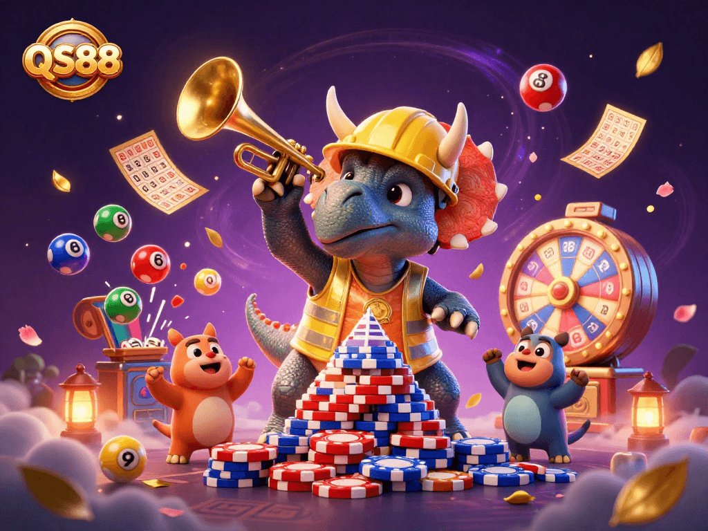 Engage in exciting QS88 gaming with a triceratops building poker chips surrounded by celebration elements.