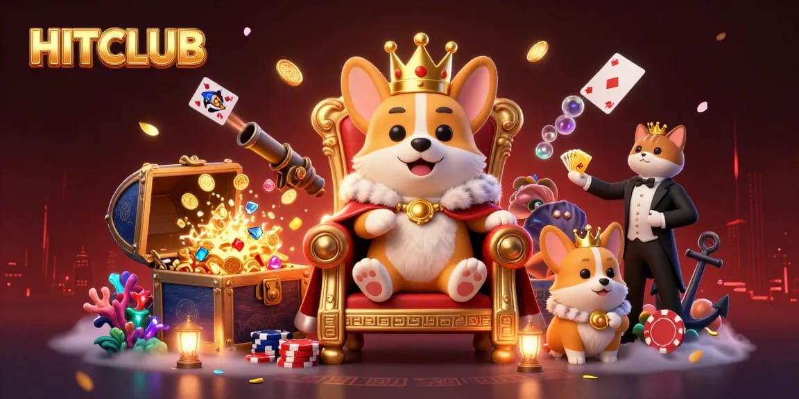 Experience the lively action of HITCLUB with thrilling characters and vibrant casino elements in 3D illustration.