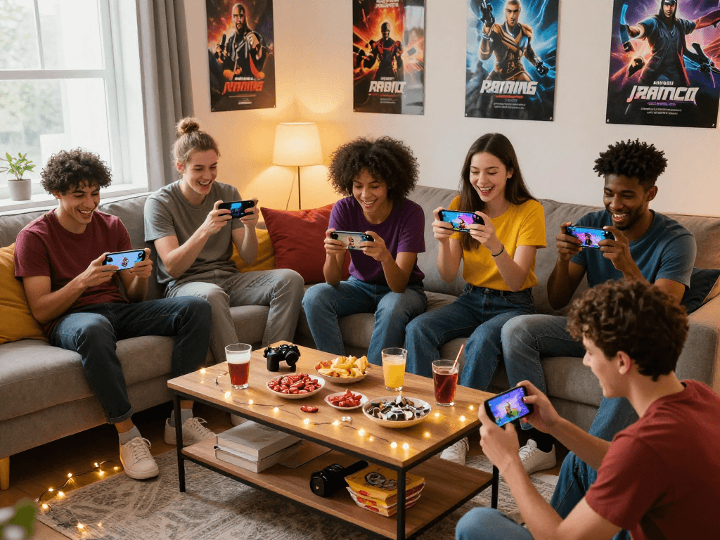 Group enjoying fun mobile porn games in a cozy living room setting.