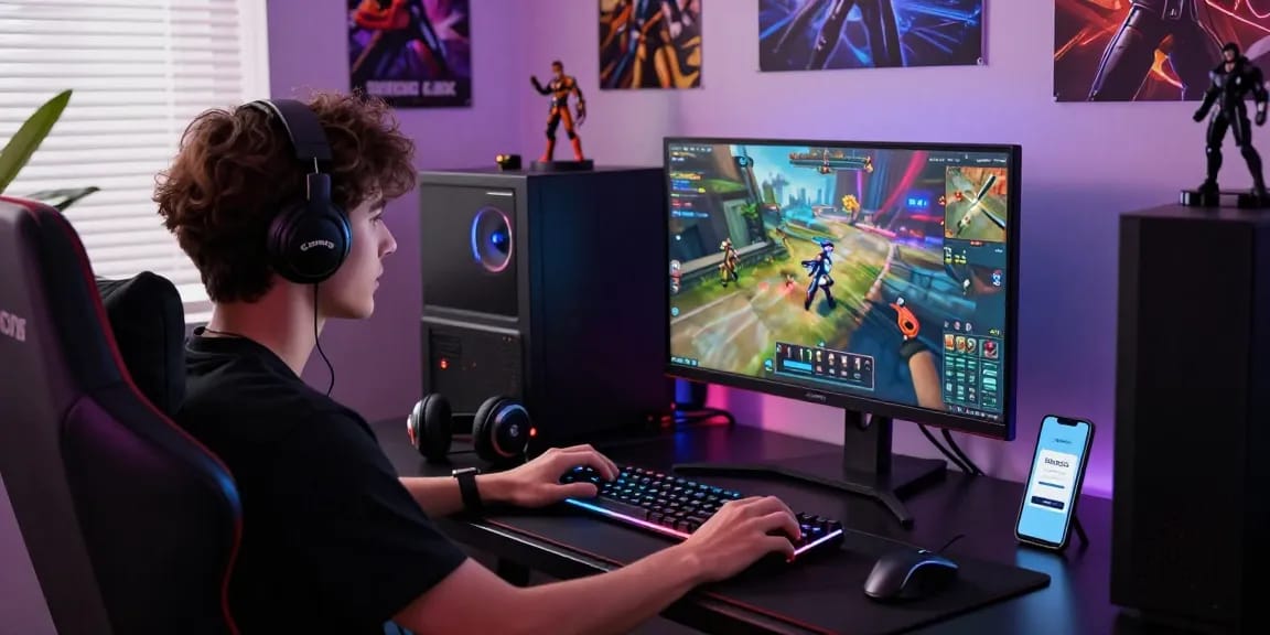 Youthfully engaged in gaming, logging into DRAGON222 with vibrant RGB setup and action graphics.
