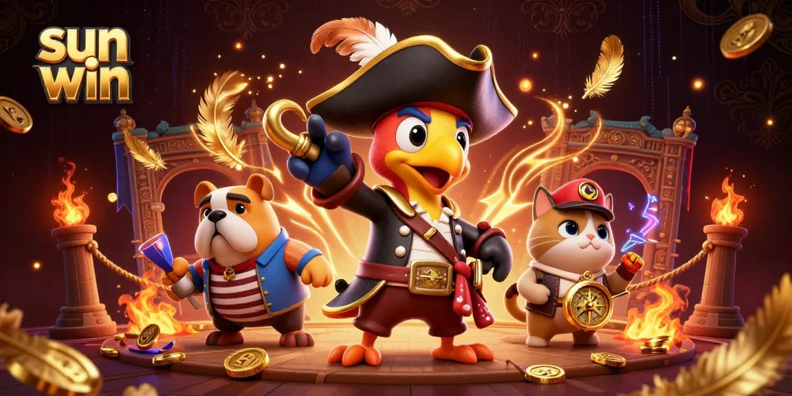 Engage with the sun win gaming adventure featuring a pirate captain and vibrant casino elements.