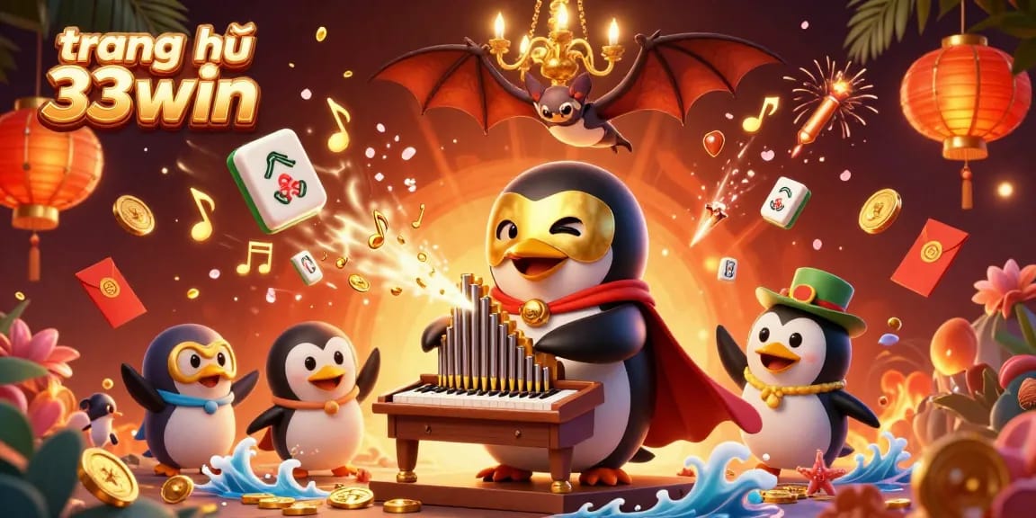 Experience the excitement at trang chủ 33win with a vibrant scene of a penguin playing an organ while coins fly.