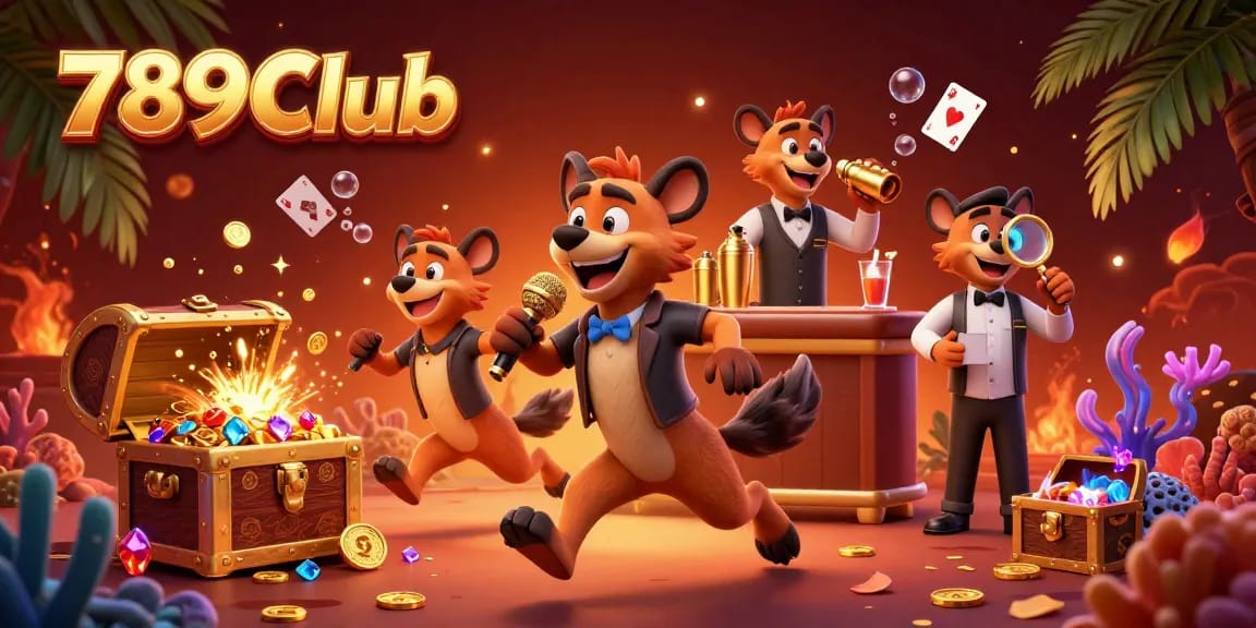 Experience the excitement at 789Club with cartoon hyenas in a vibrant casino scene.