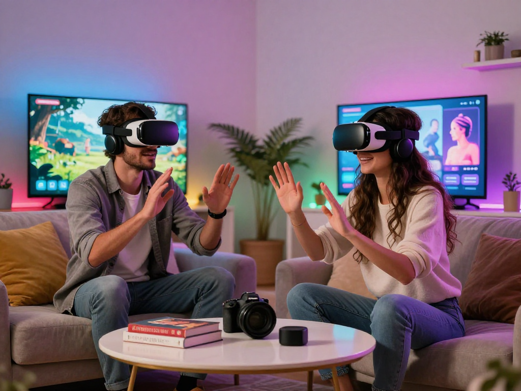 Couple enjoying a virtual reality experience exploring sex AI technology in a modern, intimate setting.