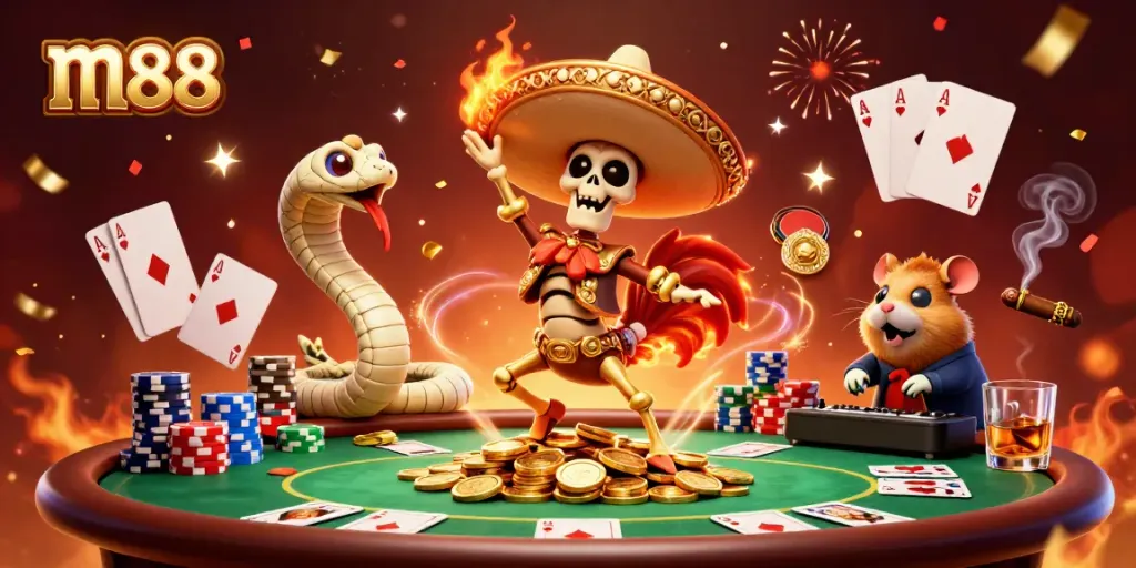 Experience m88's vibrant casino scene, featuring a lively mariachi rooster and festive elements.