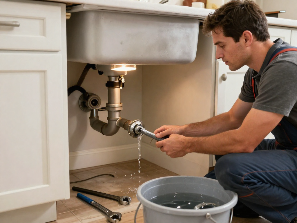 Professional plumber performing drain cleaning in Fort Worth with tools under sink, capturing home maintenance.