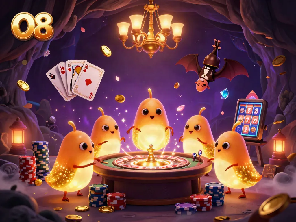 Experience exciting gameplay with O8, featuring a luminous cave casino lit by glowworms and a bat dealer.