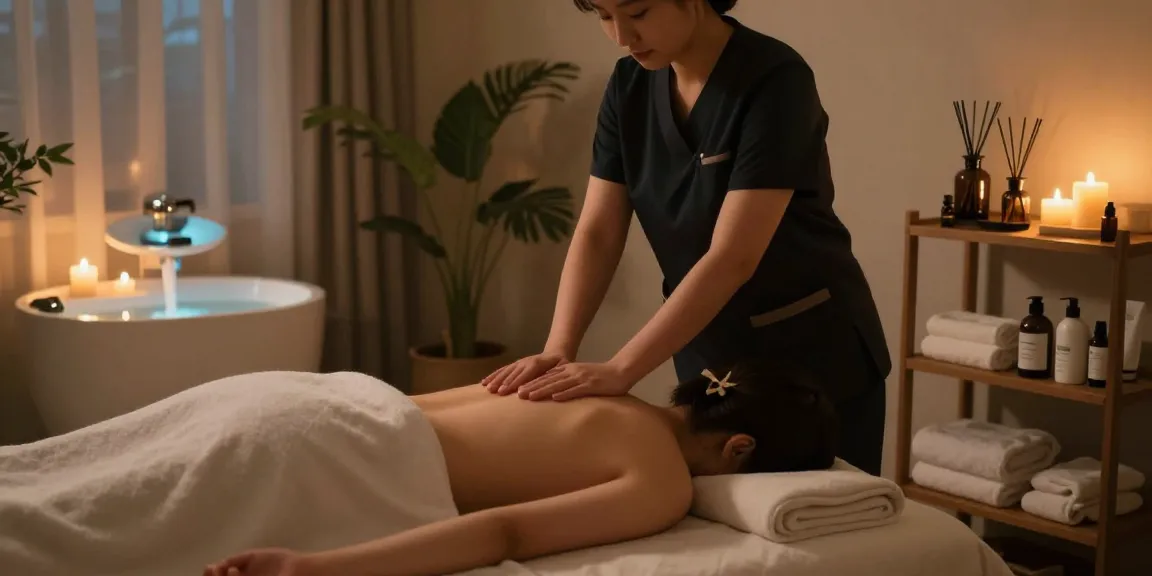 Relaxing 안양출장마사지 session in a serene home environment with professional therapist, soft lighting, and calming elements.