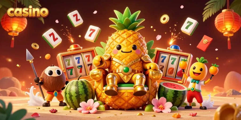 Casino-themed 3D illustration featuring a golden pineapple king, casino elements, and tropical decorations.
