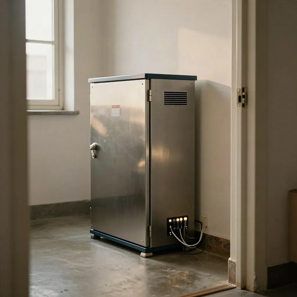 Slim battery cabinet beside inverter in a pale utility room, softly glowing and neatly installed.