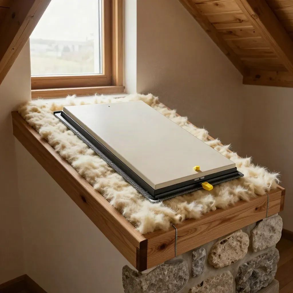 Insulated loft hatch, sealed window frame and pipe lagging in a bright attic corner.