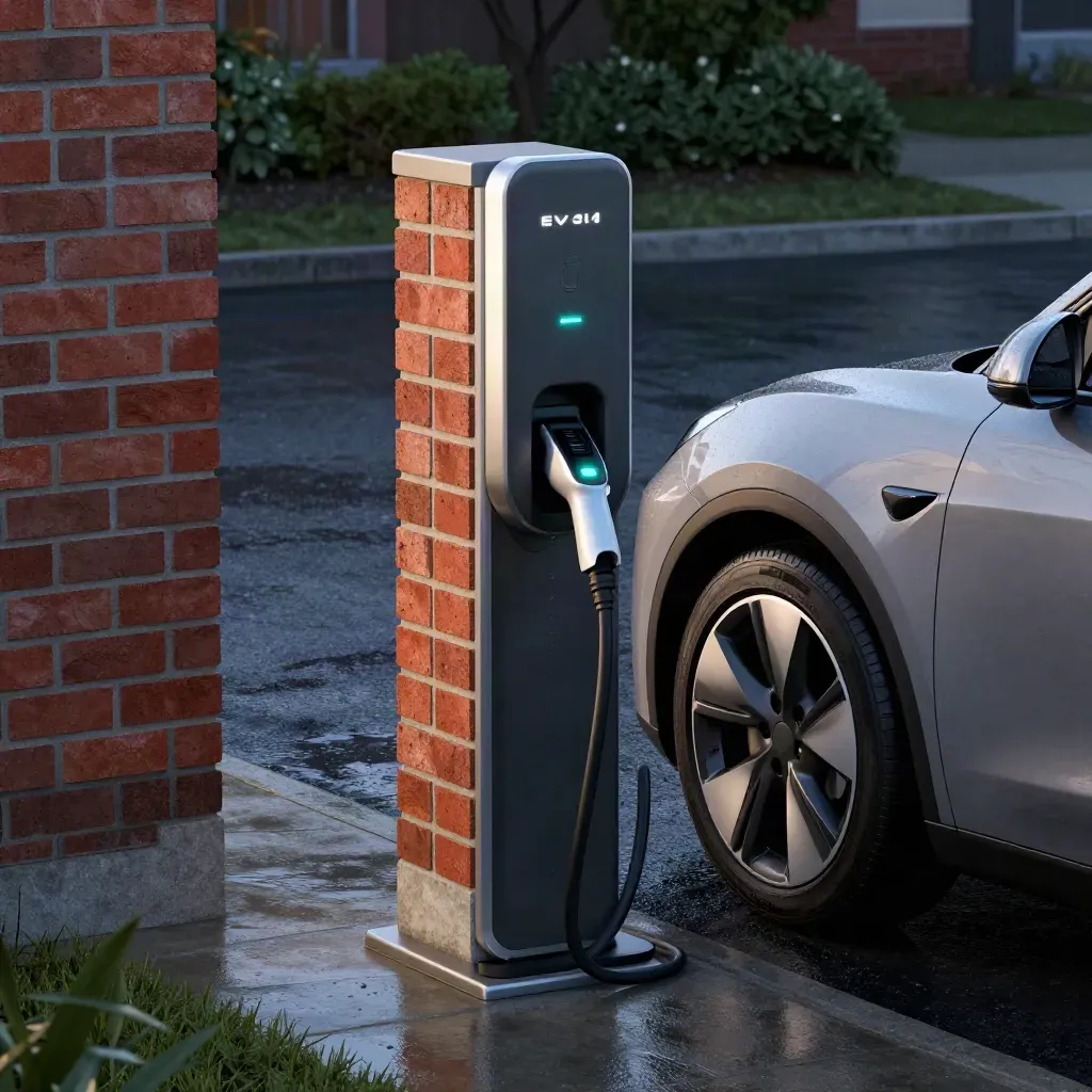 EV charger docked on a rain-wet driveway beside a parked car wheel and rendered brick wall
