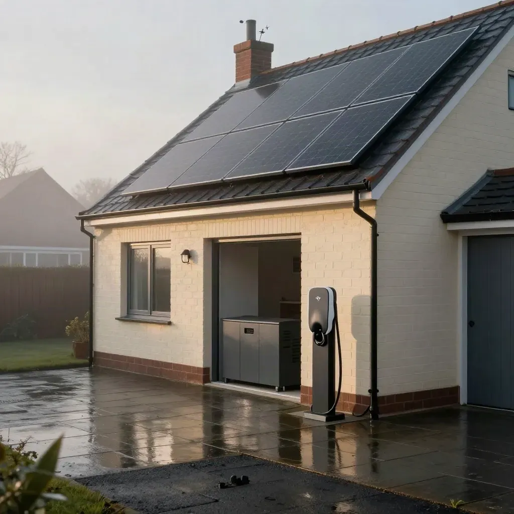 Solar panels, battery cabinet and EV charger on a wet UK home drive at dawn