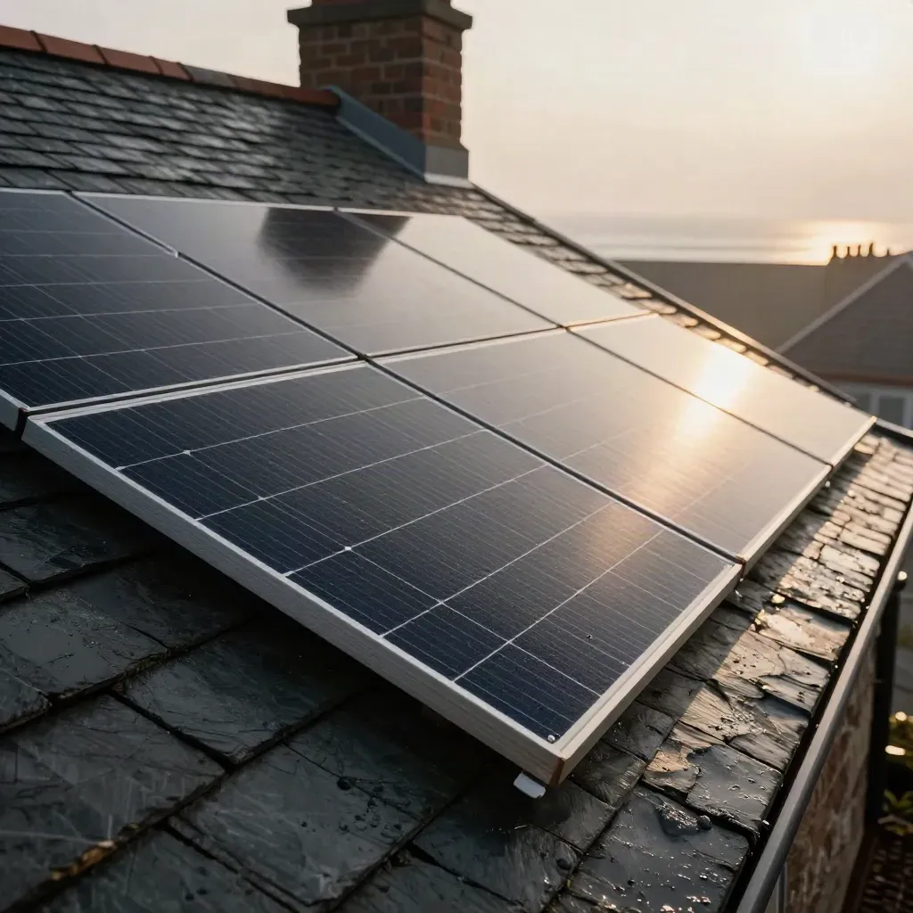 Low-angle view of solar panels on a wet slate roof in sea mist.