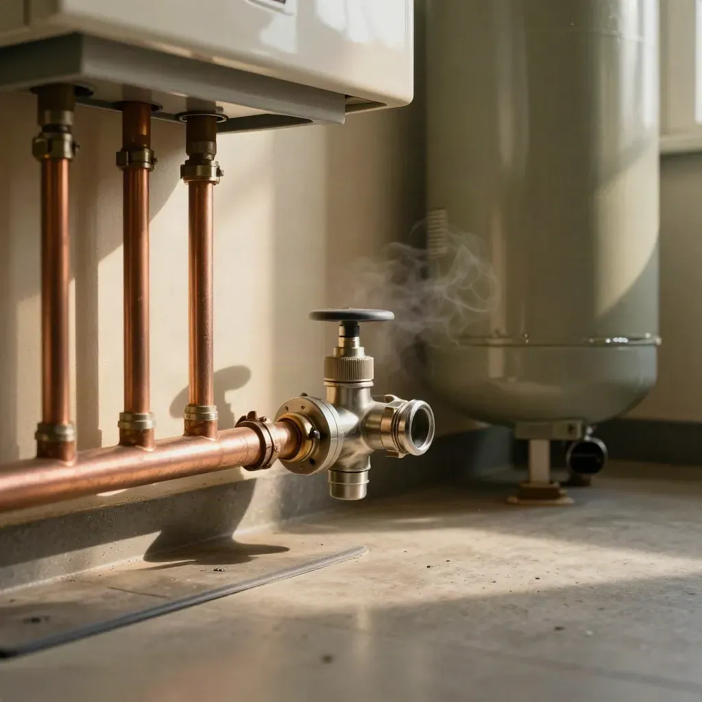 Low plant room view of insulated pipes, radiator valve and hot-water cylinder beside a boiler cupboard.