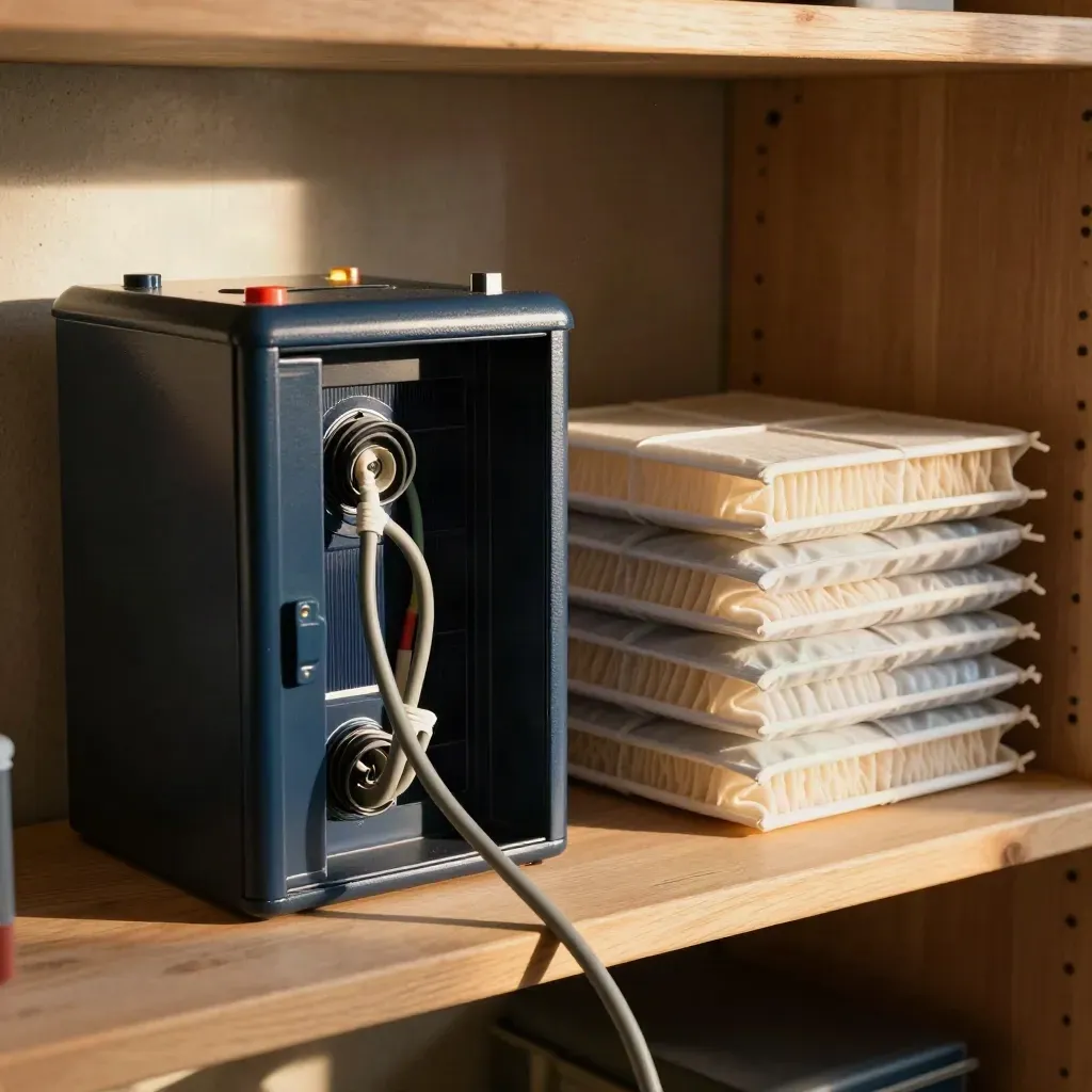 Deep navy battery cabinet, solar junction box and filter packs on a utility shelf, late-afternoon light.