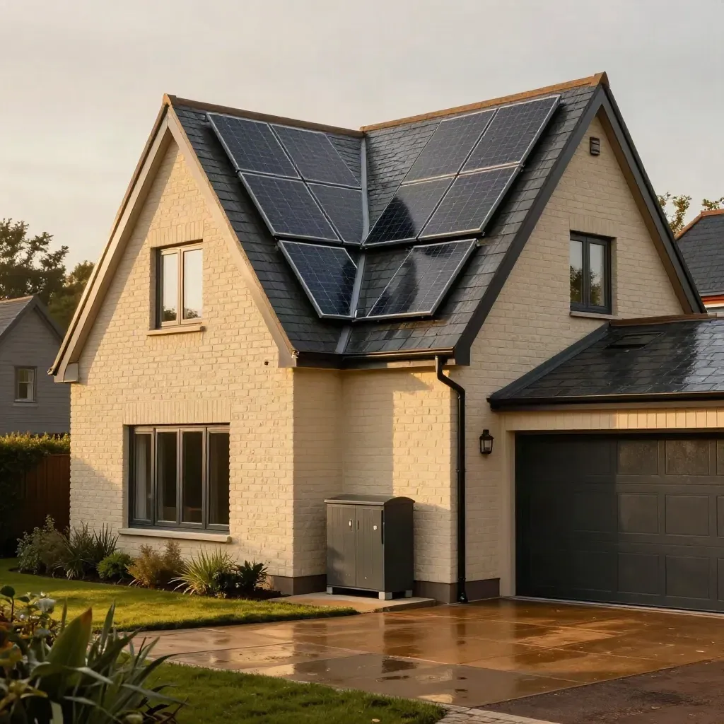 Finished home with slate-roof solar panels and a battery cabinet in warm late-afternoon light.