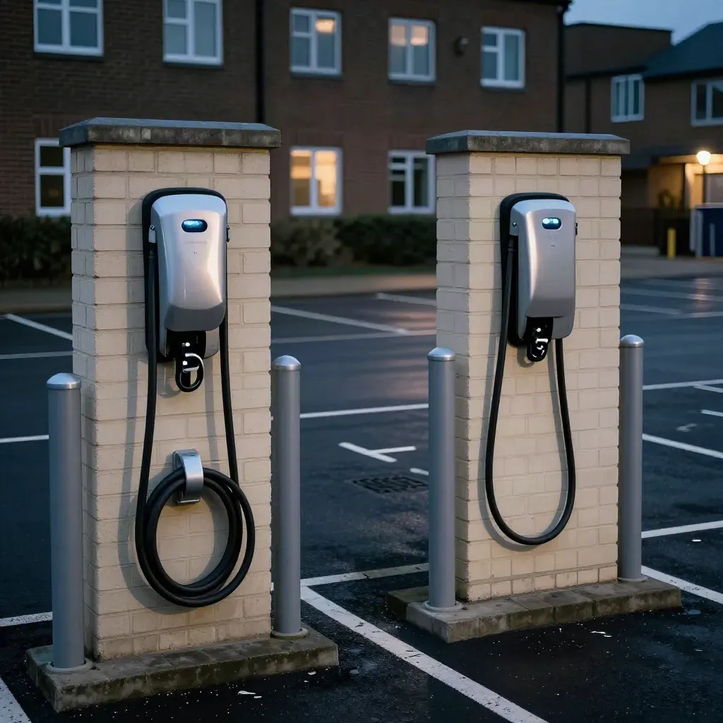 Two EV charging bays beside a rental block on damp evening asphalt