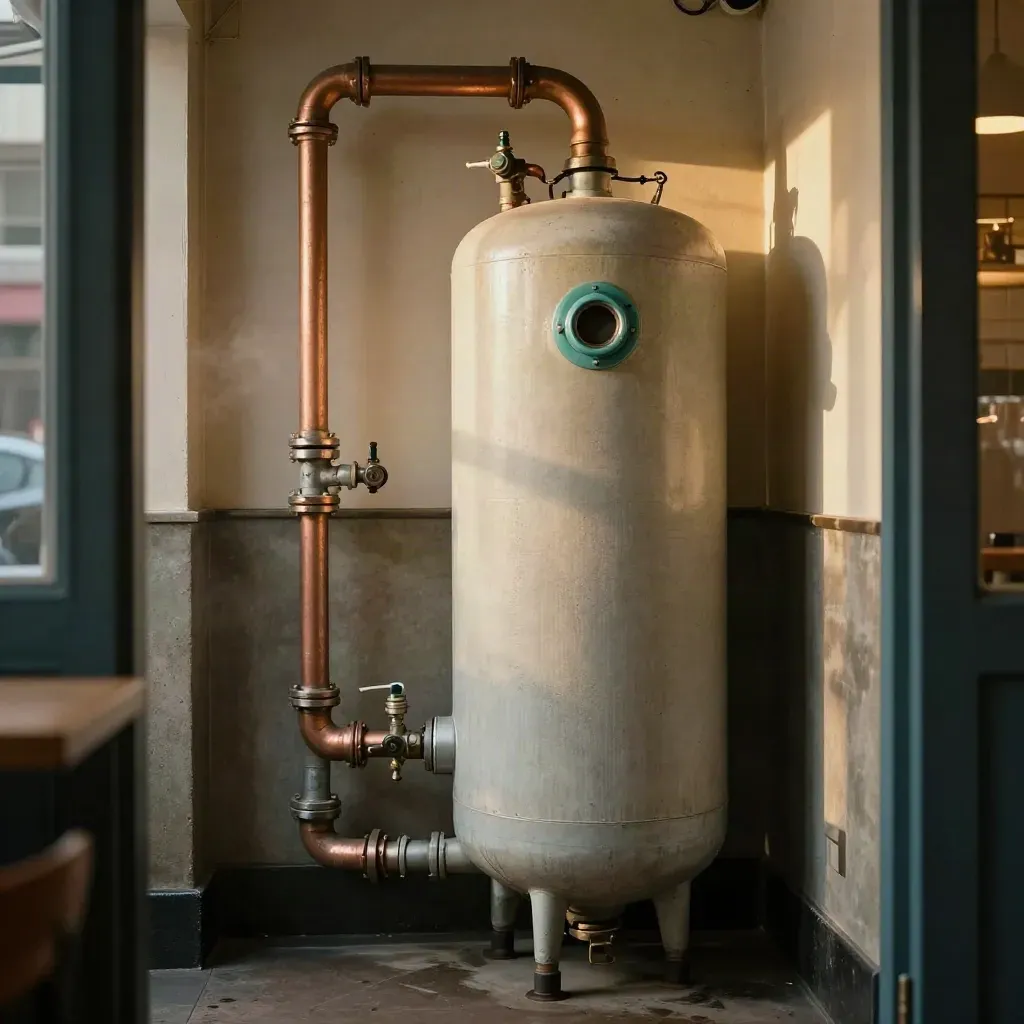 Tidy plant room with insulated cylinder, diagonal pipework and a softly steaming service hatch