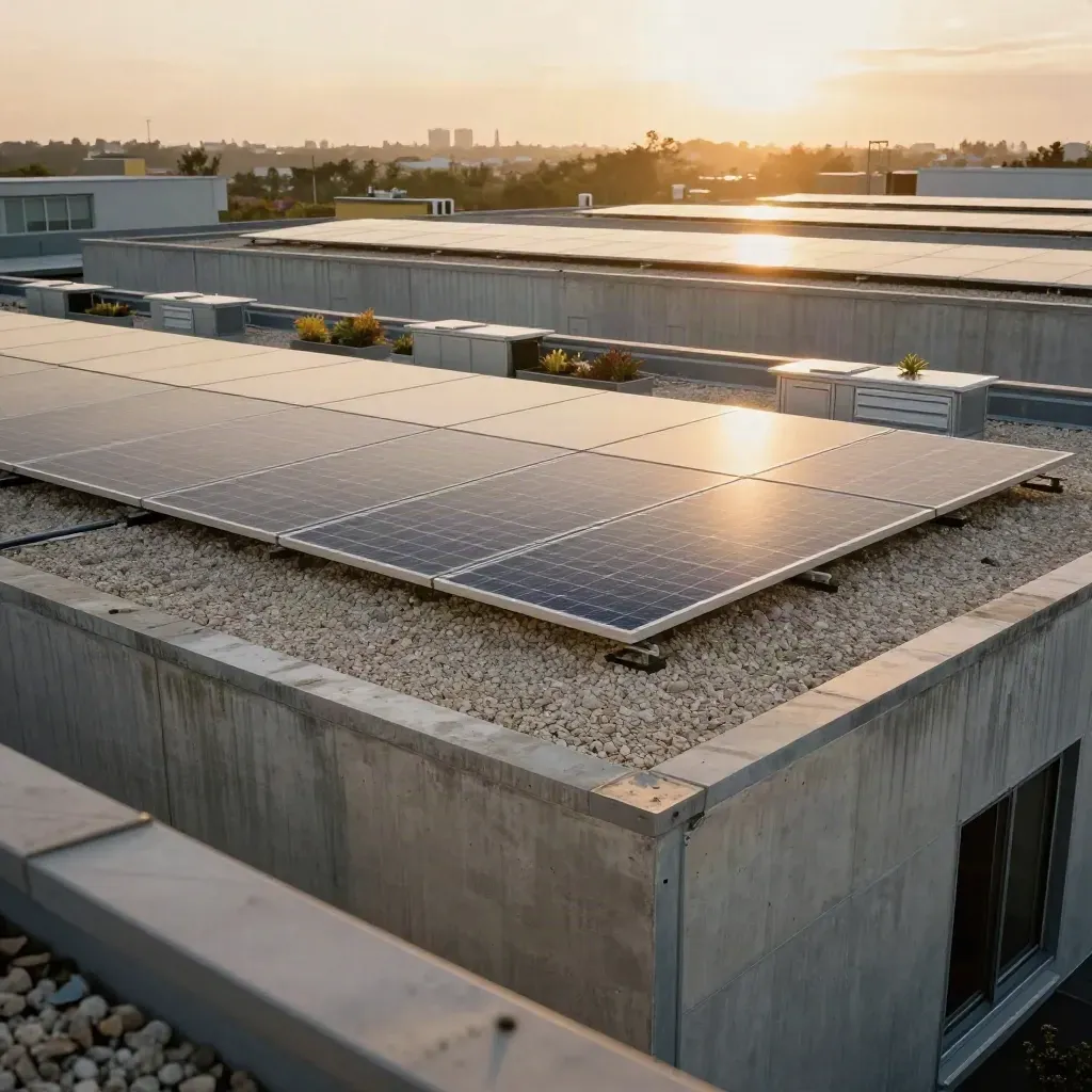 Solar panels on a flat rental block roof with screened plant at golden hour.