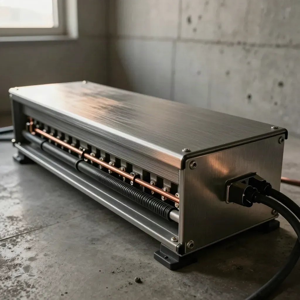 Extreme macro of battery backup and distribution hardware in a modern office plant room.