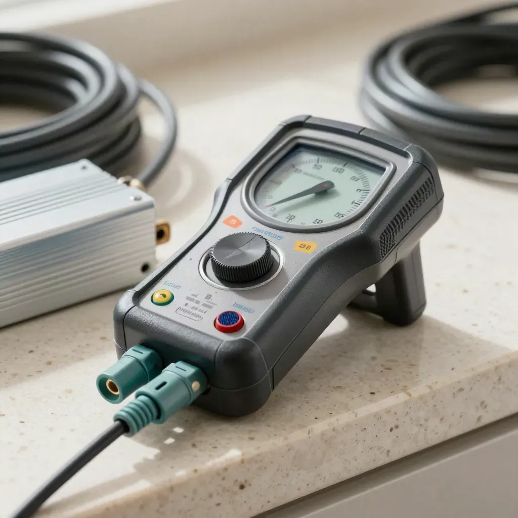 Macro of a handheld energy monitor with solar connectors on a travertine ledge