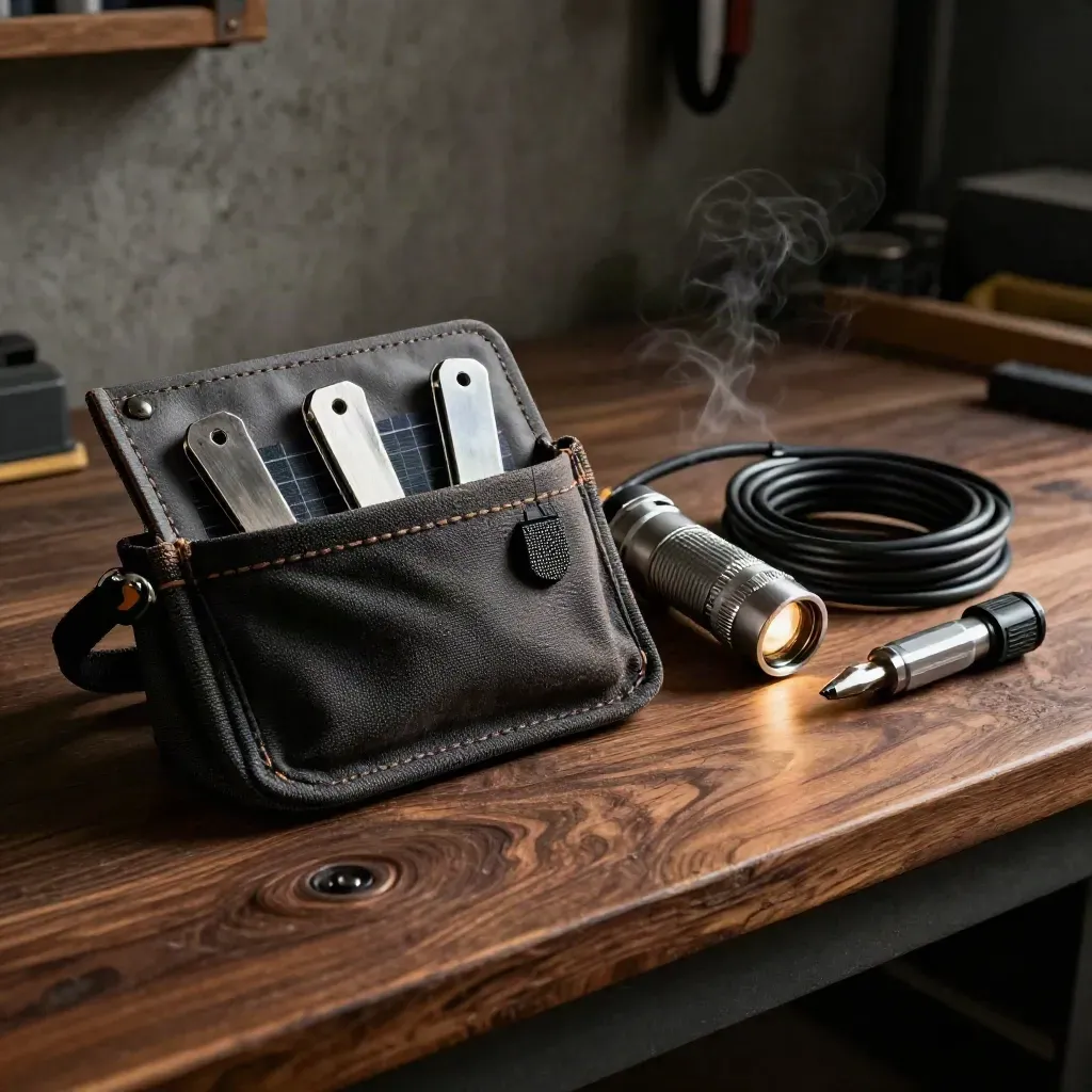Tool pouch, panel clips and torch on a dark workbench with dramatic workshop light.