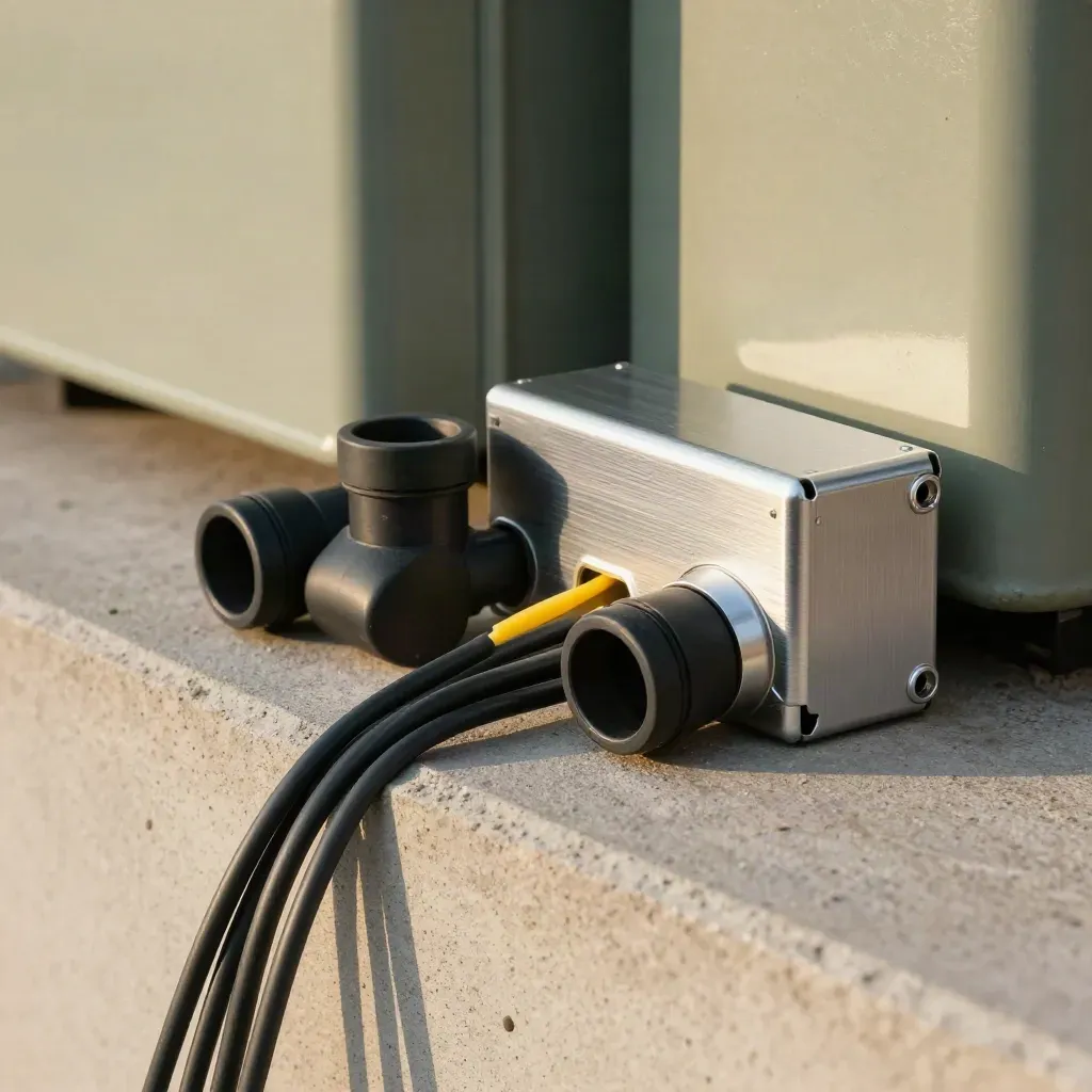 Cable ties, conduit elbows and aluminium junction housing on a concrete service ledge.