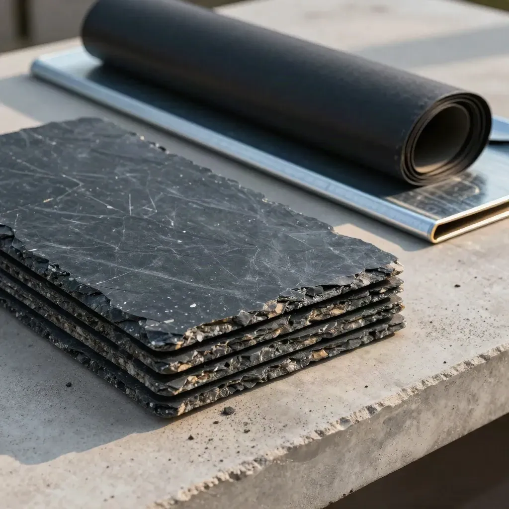 Slate roof samples, membrane offcut and galvanised trim on a concrete inspection bench.