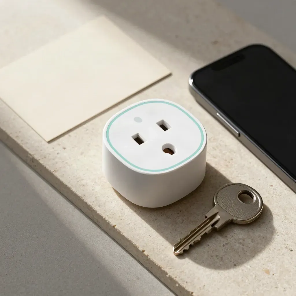 Overhead flatlay of a smart energy plug, house key and phone handset on pale stone.
