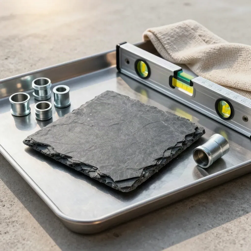 Slate sample, spirit level and conduit fittings on a metal tray over concrete, in soft side light.