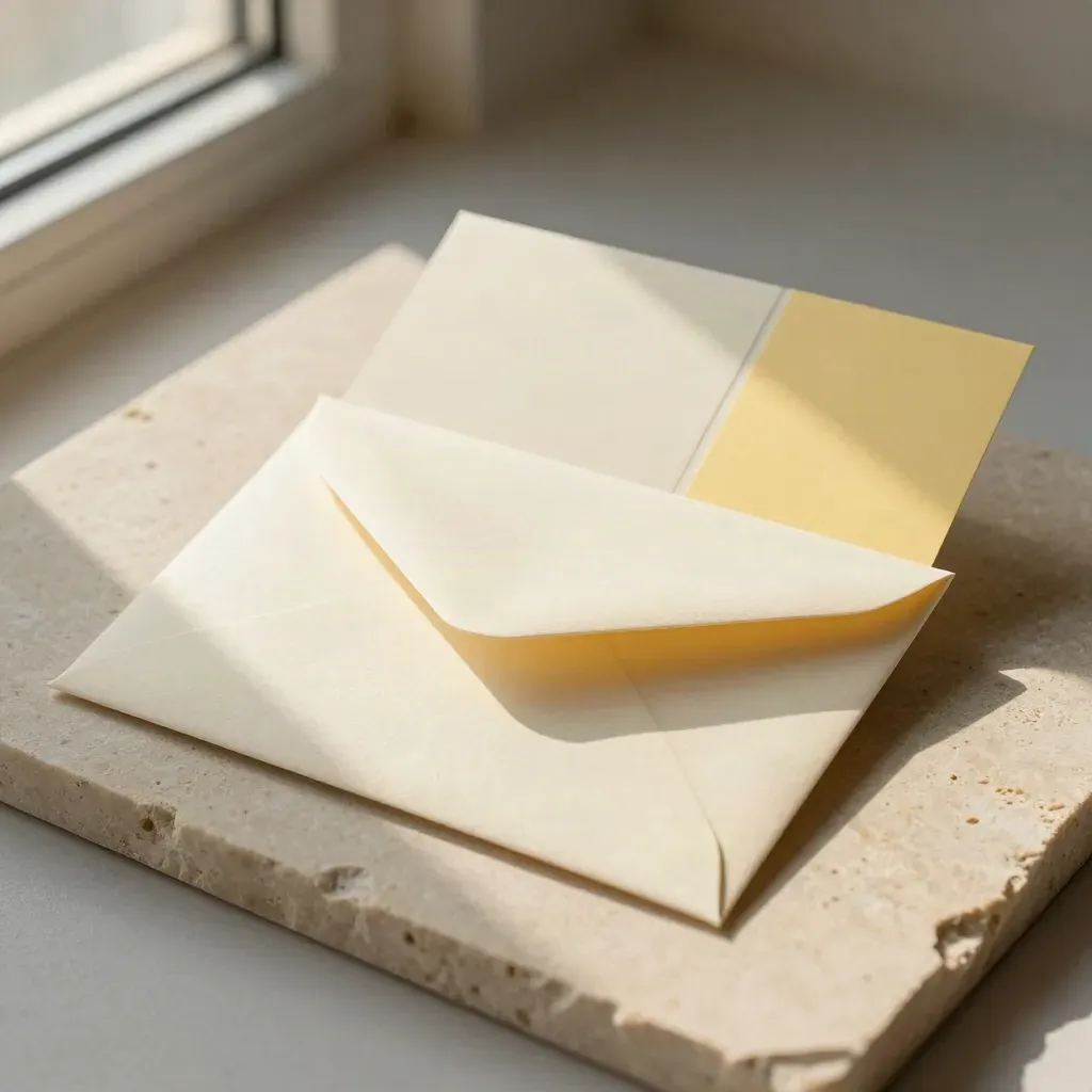 Sealed envelope, folded card and two colour swatches on pale stone in soft side light.