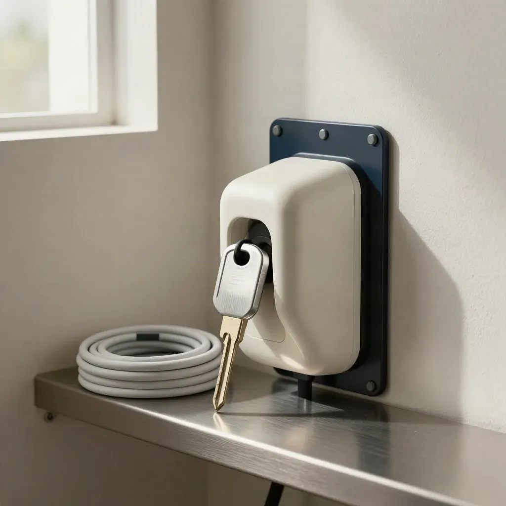 EV charger holster, service key and coiled inspection cable on a utility shelf