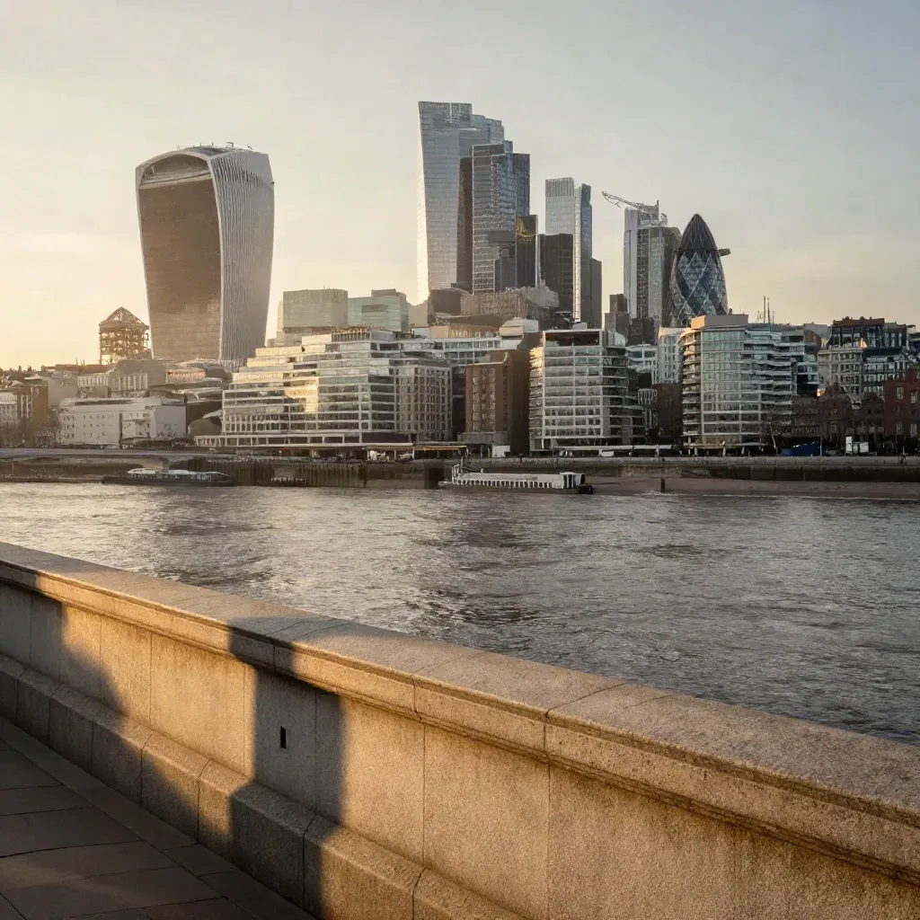 London skyline over the Thames at sunset with calm water and soft haze