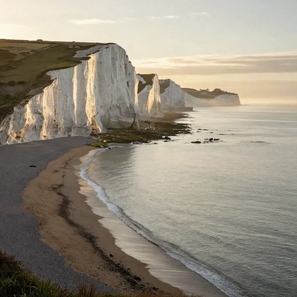 Sunlit white chalk cliffs near Brighton over calm shore and sea mist at golden hour