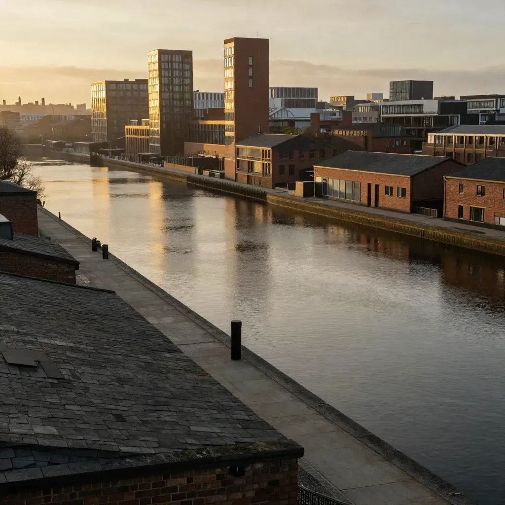 Birmingham canal basin at dusk with brick towers, still water and warm haze