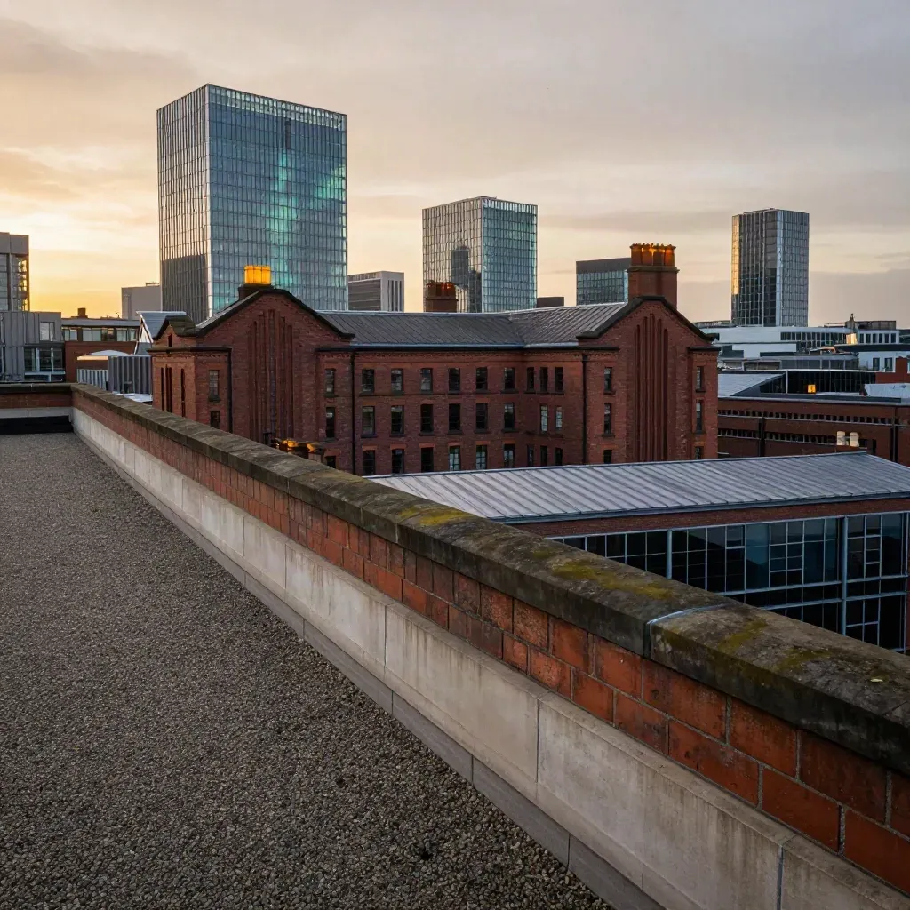Manchester skyline through amber haze from a rooftop, with red-brick mills and glass towers.